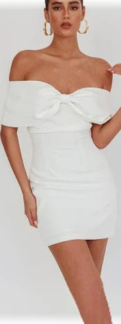 Off Shoulder Mini Fit and Flare Dress with Detachable Bow