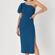 One Shoulder Short Puff Sleeve Stretch Midi Dress with Side Slit