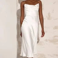 Adjustable Spaghetti Strap Cowl Neck Satin Cami Midi Dress
