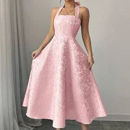 Halter Fit and Flare Mini Jacquard Dress with Corset Back