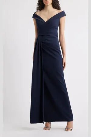 Off Shoulder Social Portrait Collar Laguna Crepe Long Formal Dress with Side Train and Slit