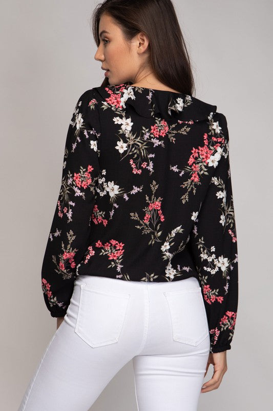 Floral Elastic Waist Long Sleeve Crop Blouse