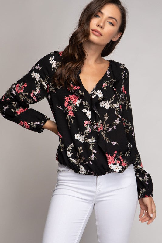 Floral Elastic Waist Long Sleeve Crop Blouse