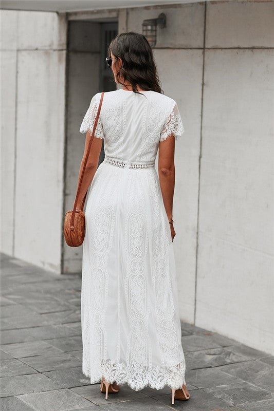 Lace Maxi Dress with Soft Eyelash Lace Trim V Neck and Short Sleeve