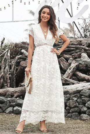 Lace Maxi Dress with Soft Eyelash Lace Trim V Neck and Short Sleeve