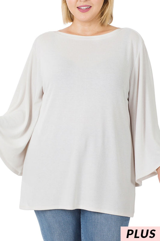 Beige Soft Long Bell Sleeved Curvy Top