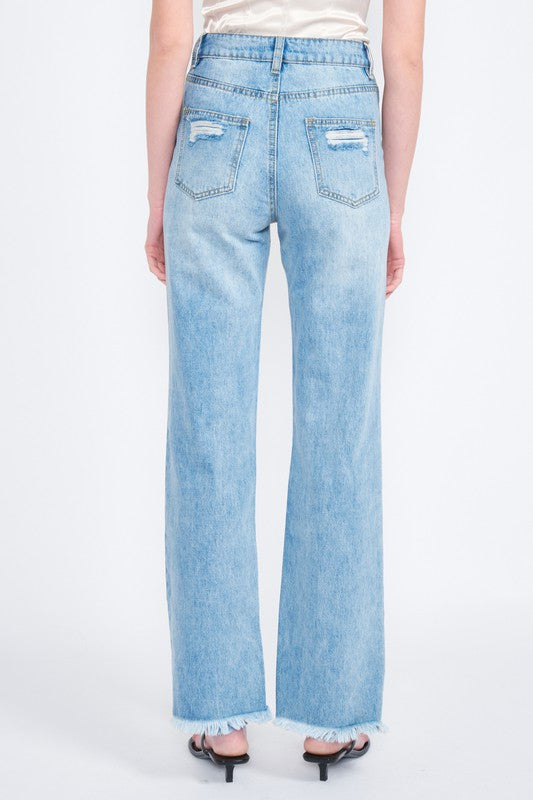 High Rise Straight Leg Jeans with Ripped Hem