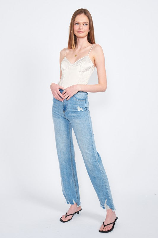 High Rise Straight Leg Jeans with Ripped Hem