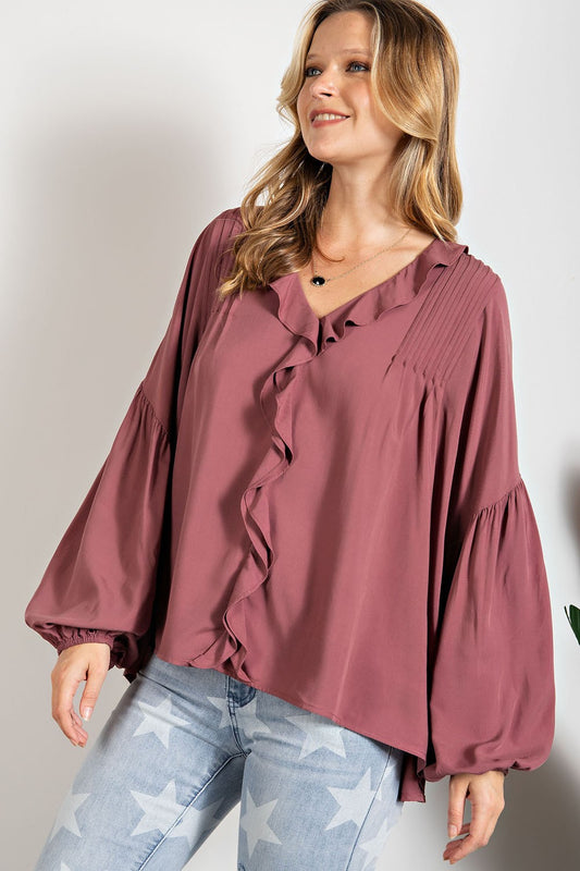 Dark Mauve Long Sleeve VNeck Ruffle Blouse