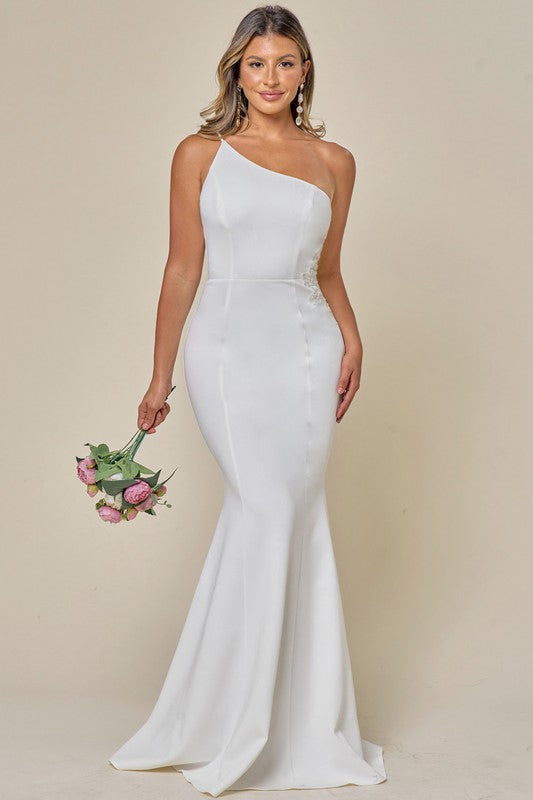 Ivory One Shoulder Gown with Side Lace Detail
