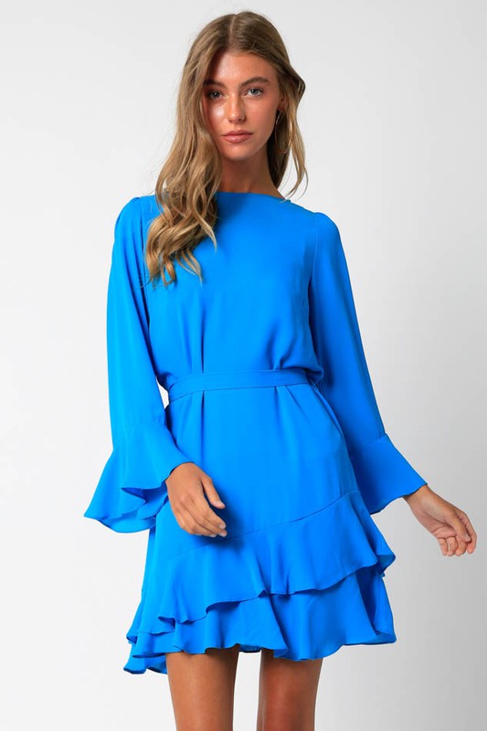 Blue Long Sleeve Dress with Ruffle Bottom and Belt