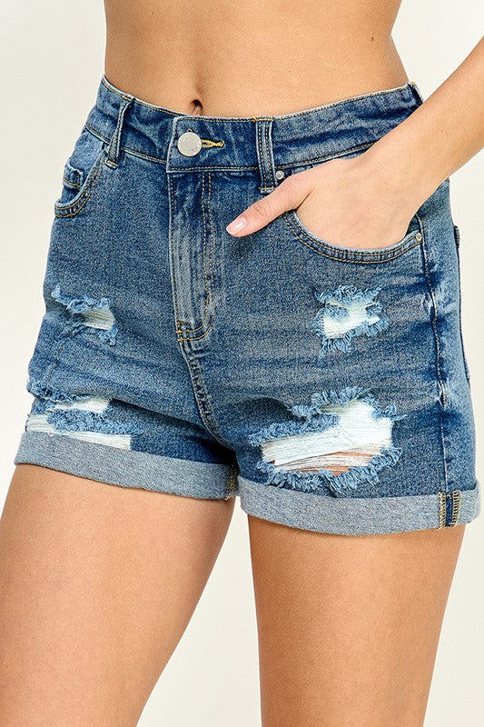 High Rise Stretch Denim Shorts with Distress Pockets and Cuff Hem