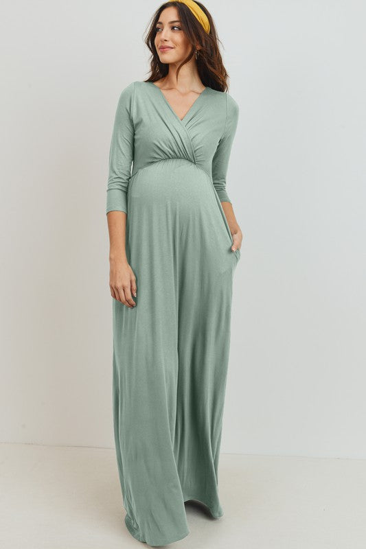 Quarter Sleeve V Neck Empire Waist Maxi Dress