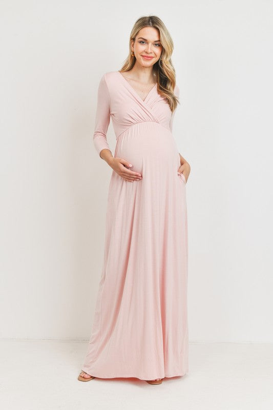 Quarter Sleeve V Neck Empire Waist Maxi Dress