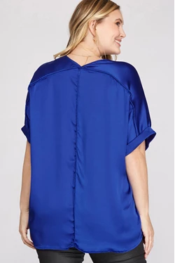 Curvy Loose Fit V Neck Satin Top with Cuff Short Sleeve