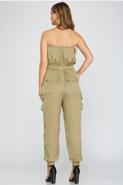 Strapless Elastic Tube Top Dull Satin Jumpsuit with Cargo Pockets