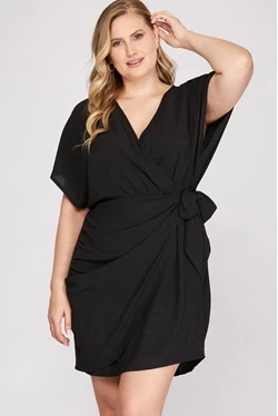 Curvy V Neck Wrap Short Dress with Short Sleeves