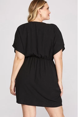 Curvy V Neck Wrap Short Dress with Short Sleeves