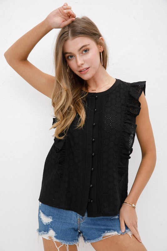 Eyelet Design Ruffle Button Down Top with Cap Sleeve