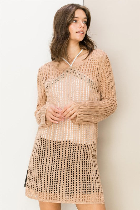 Making Waves Long Sleeve Crochet Cover Up Mini Dress