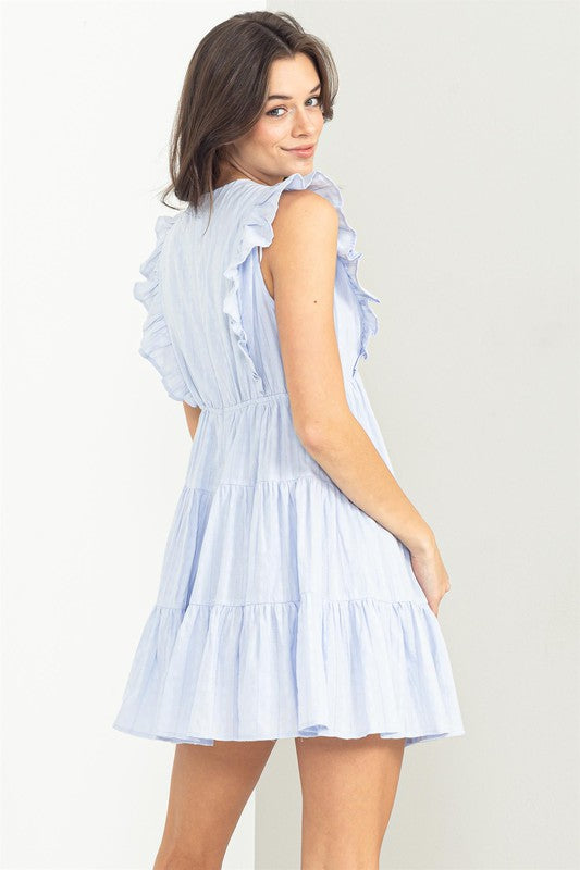 Cap Ruffle Sleeve V Neck Empire Waist Tiered Mani Dress