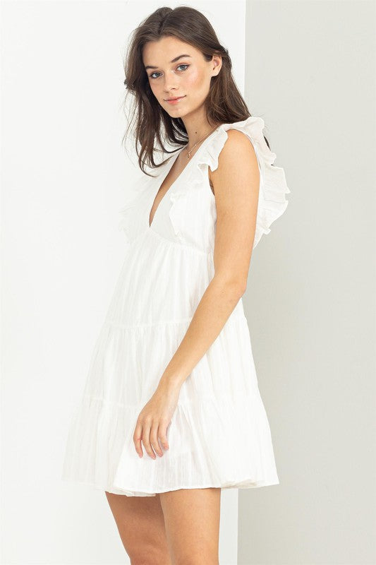 Cap Ruffle Sleeve V Neck Empire Waist Tiered Mani Dress