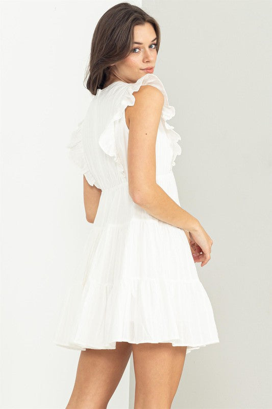 Cap Ruffle Sleeve V Neck Empire Waist Tiered Mani Dress