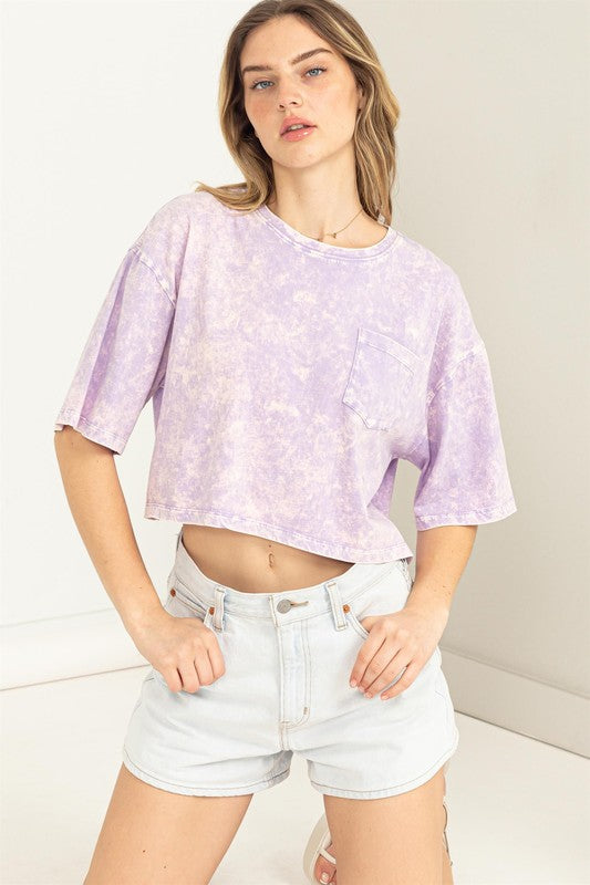 Short Sleeve Round Neck Acid Washed Crop T-Shirt