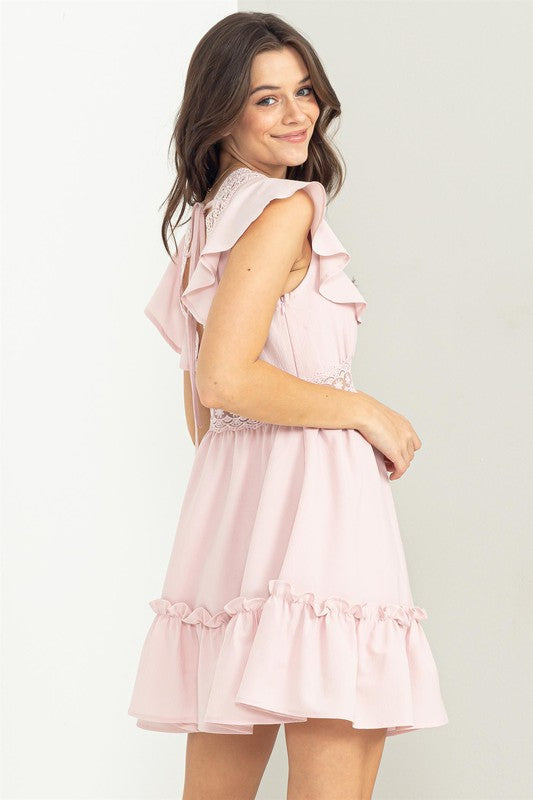 Ruffle Cap Sleeve V Neck Empire Waist Short Babydoll Dress