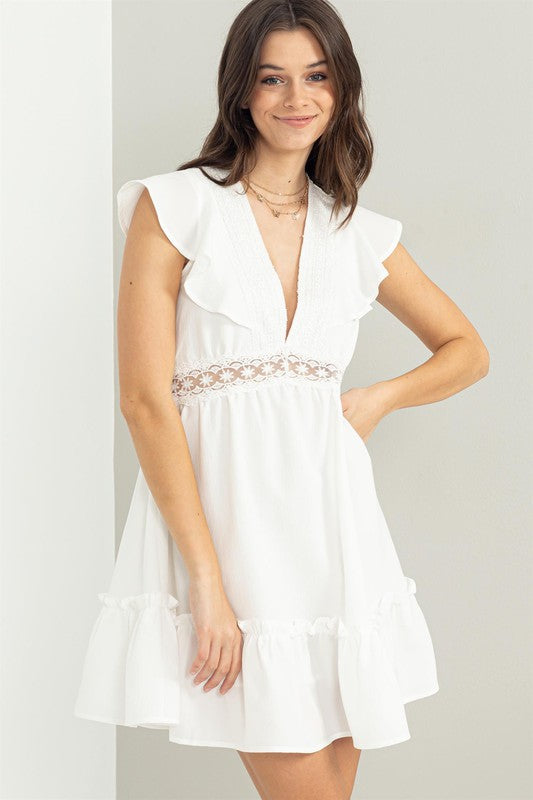 Ruffle Cap Sleeve V Neck Empire Waist Short Babydoll Dress