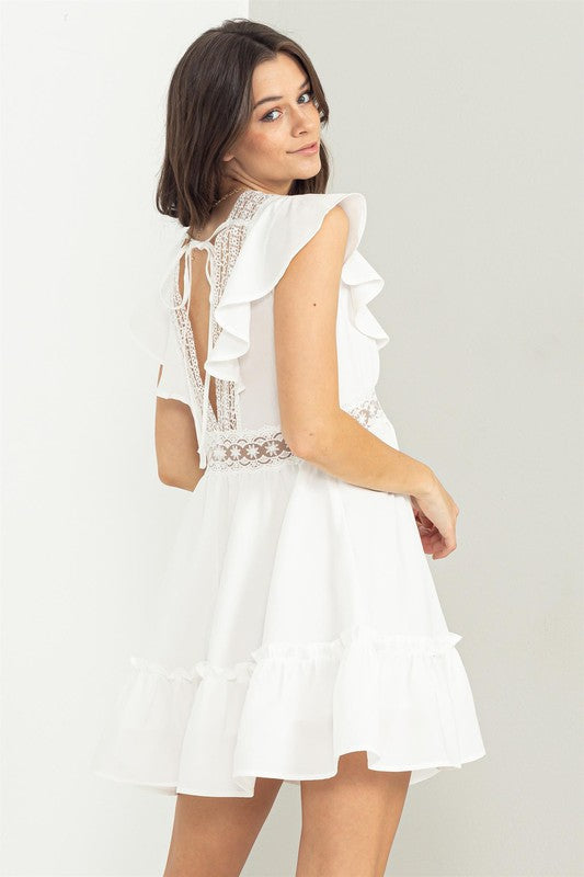 Ruffle Cap Sleeve V Neck Empire Waist Short Babydoll Dress