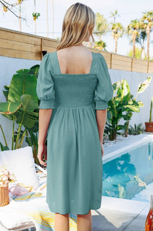 Curvy Short Puff Sleeve Square Neck Smock Bodice and Knee Length Dress