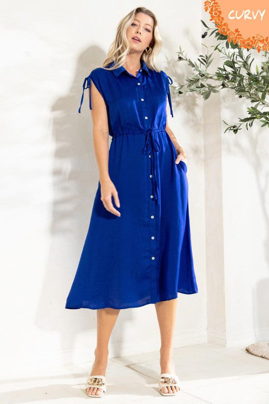 Curvy Solid Short Sleeve Satin Button Down Midi Dress with Cinch Elastic Waist and Pockets