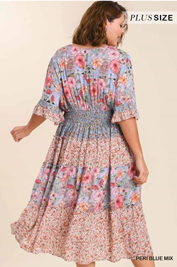 Curvy Mixed Floral Print Tiered V Neck Midi Dress with Bell Short Sleeve and Ruffle Hem