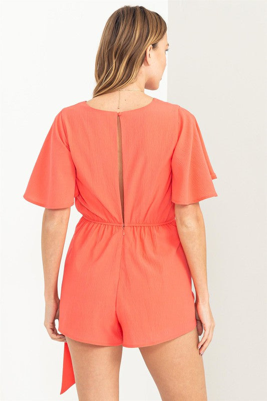 Short Flowy Sleeve Wrap Waist Romper