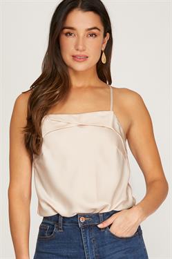 Spaghetti Strap Folding Detail Front Satin Cami Bodysuit