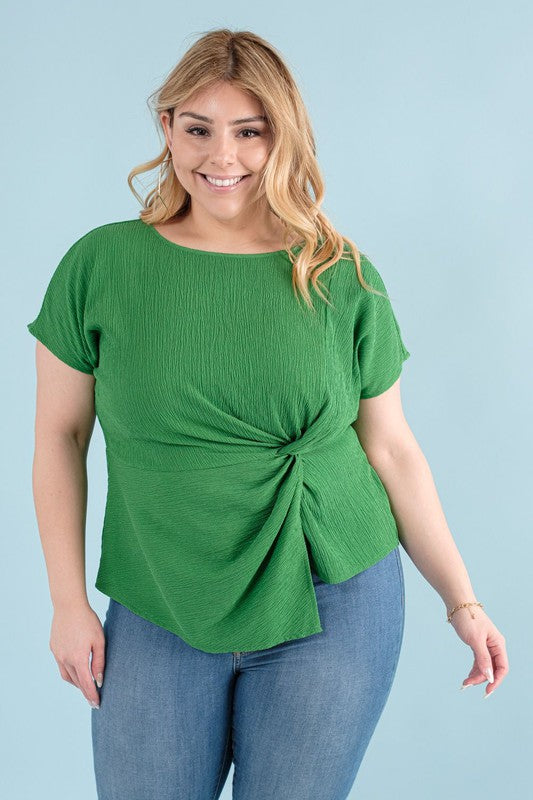 Curvy Short Sleeve Off Set Knotted Top