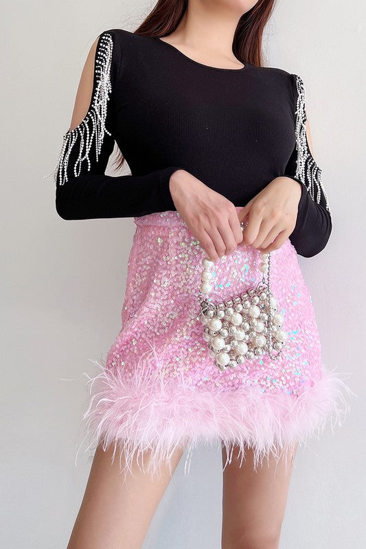 Pink Sequins Feather Trim Skirt